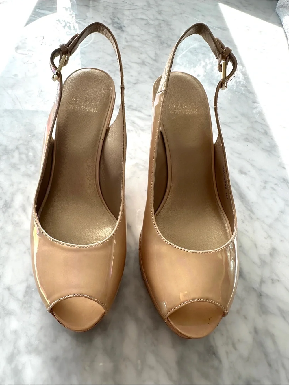 Stuart Weitzman Iridescent Nude Patent Slingback Wedges - Picture 4 of 9